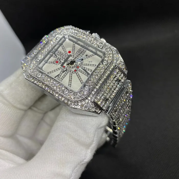 POPULAR Earrings Square Special Red Dial Date Iced Out Diamond Watch
