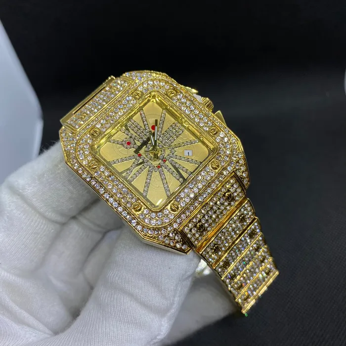 POPULAR Earrings Square Special Red Dial Date Iced Out Diamond Watch