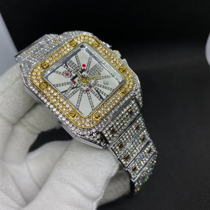 POPULAR Earrings Square Special Red Dial Date Iced Out Diamond Watch