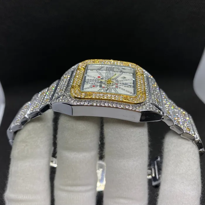 POPULAR Earrings Square Special Red Dial Date Iced Out Diamond Watch