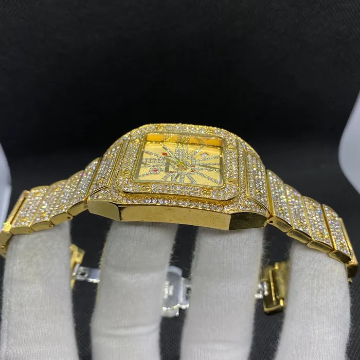 POPULAR Earrings Square Special Red Dial Date Iced Out Diamond Watch