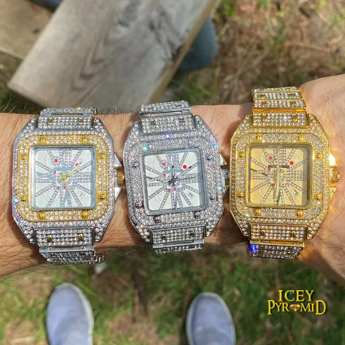 POPULAR Earrings Square Special Red Dial Date Iced Out Diamond Watch