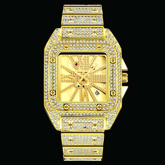 POPULAR Earrings Square Special Red Dial Date Iced Out Diamond Watch