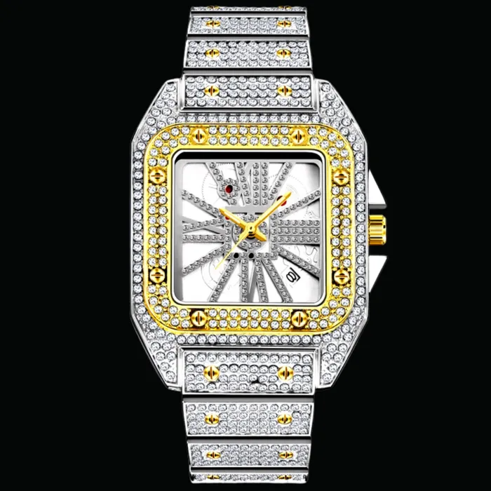 POPULAR Earrings Square Special Red Dial Date Iced Out Diamond Watch