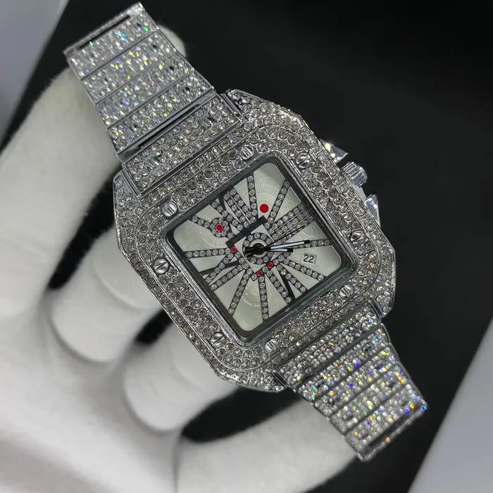 POPULAR Earrings Square Special Red Dial Date Iced Out Diamond Watch