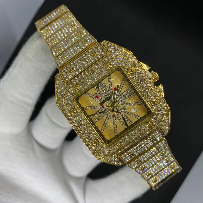 POPULAR Earrings Square Special Red Dial Date Iced Out Diamond Watch