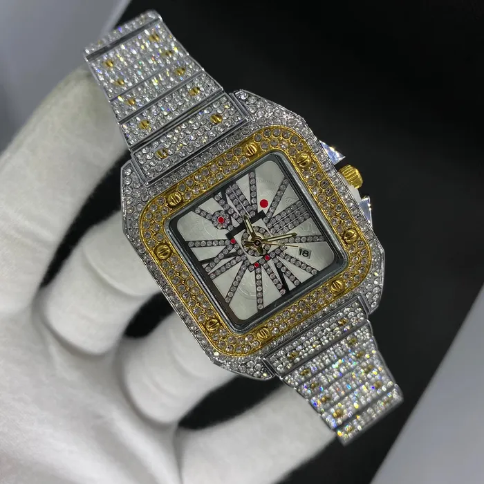 POPULAR Earrings Square Special Red Dial Date Iced Out Diamond Watch