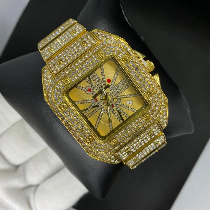 POPULAR Earrings Square Special Red Dial Date Iced Out Diamond Watch