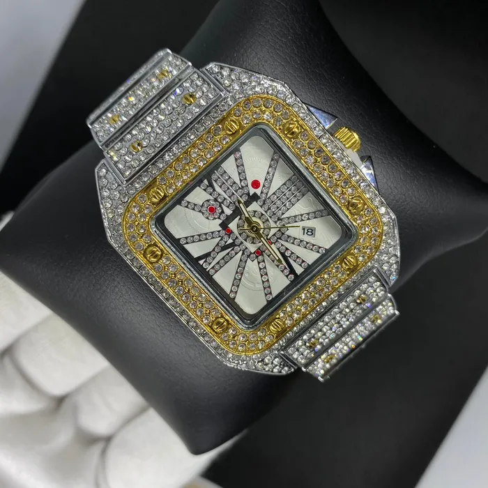 POPULAR Earrings Square Special Red Dial Date Iced Out Diamond Watch