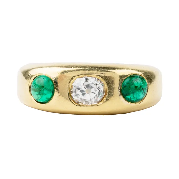 Rings Bell Bird Antiques Antique Flush Set Diamond and Emerald Ring