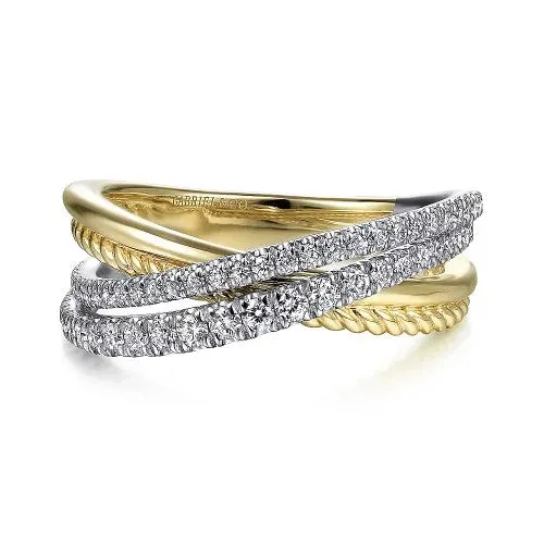 Rings GABRIEL CO 14K WhiteYellow Gold Twisted Rope and Diamond Criss Cross Ring Rings GABRIEL CO 14K WhiteYellow Gold Twisted Rope and Diamond Criss Cross Ring