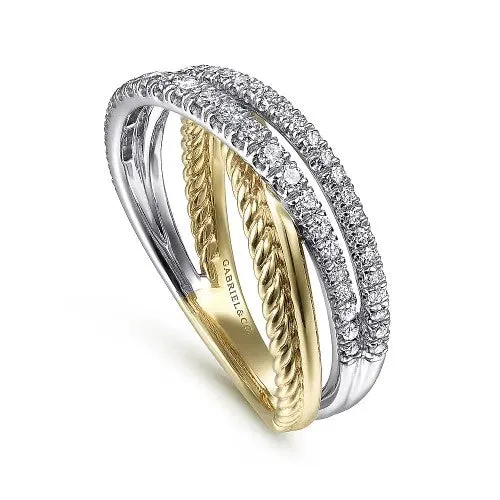 Rings GABRIEL CO 14K WhiteYellow Gold Twisted Rope and Diamond Criss Cross Ring