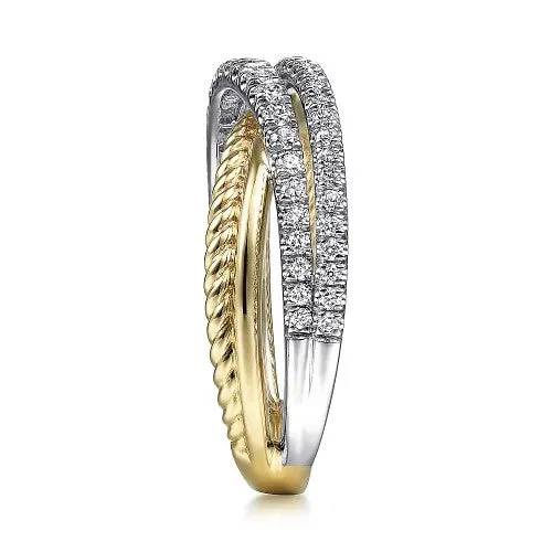 Rings GABRIEL CO 14K WhiteYellow Gold Twisted Rope and Diamond Criss Cross Ring