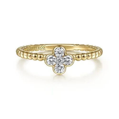 Rings GABRIEL CO 14K Yellow Gold Diamond Cluster Clover and Bujukan Bead Ring
