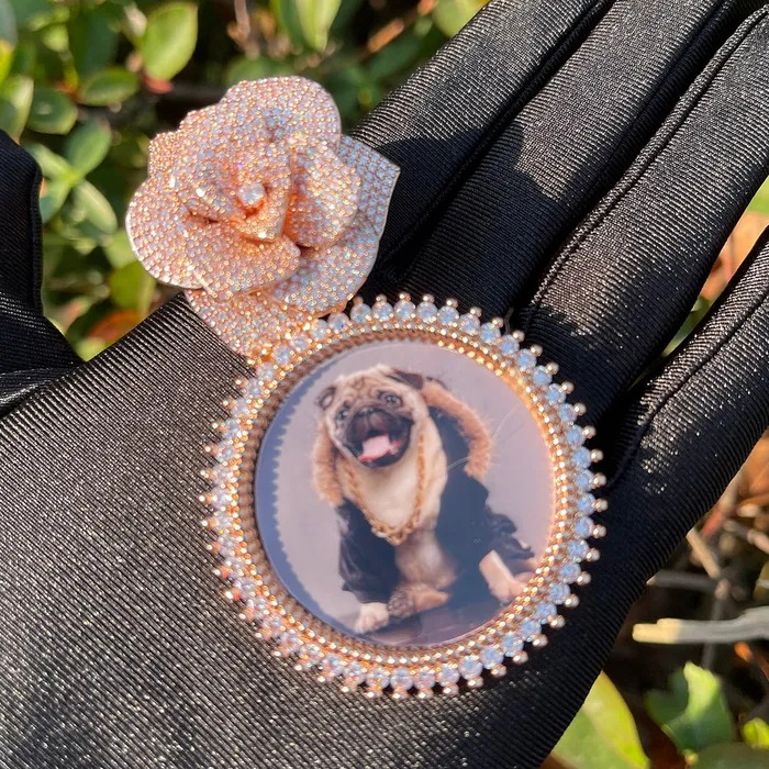 ROSE BAIL Necklaces Rose Flower Bail Round Tennis Custom Photo Picture Pendant Necklace
