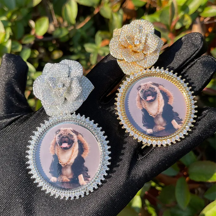ROSE BAIL Necklaces Rose Flower Bail Round Tennis Custom Photo Picture Pendant Necklace