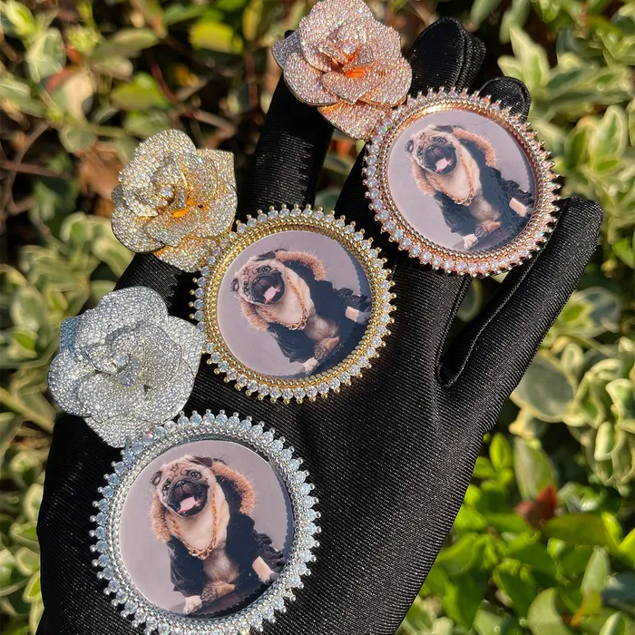 ROSE BAIL Necklaces Rose Flower Bail Round Tennis Custom Photo Picture Pendant Necklace