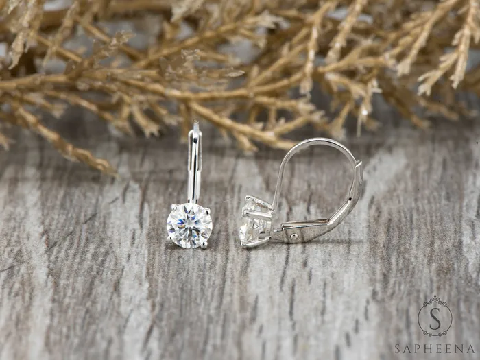 Sapheena Jewelry Earrings Round Moissanite Leverback Earrings 1 ct tw