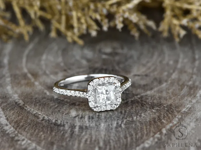 Sapheena Jewelry Rings Aureola 080 Ct Princess Cut Halo Engagement Ring with Side Stones