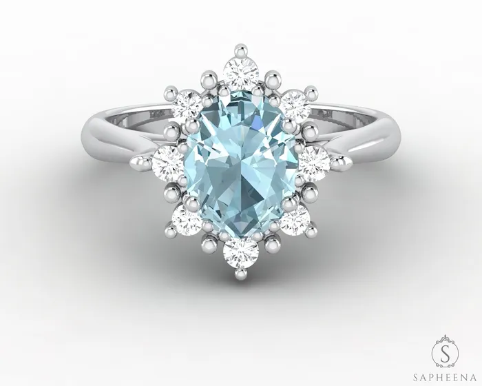 Sapheena Jewelry Rings Bridget 10 Ct Oval Cut Halo Natural Aquamarine Engagement Ring Sapheena Jewelry Rings Bridget 10 Ct Oval Cut Halo Natural Aquamarine Engagement Ring