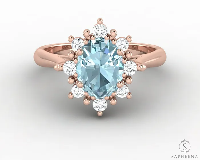 Sapheena Jewelry Rings Bridget 10 Ct Oval Cut Halo Natural Aquamarine Engagement Ring