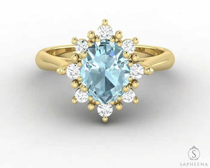 Sapheena Jewelry Rings Bridget 10 Ct Oval Cut Halo Natural Aquamarine Engagement Ring