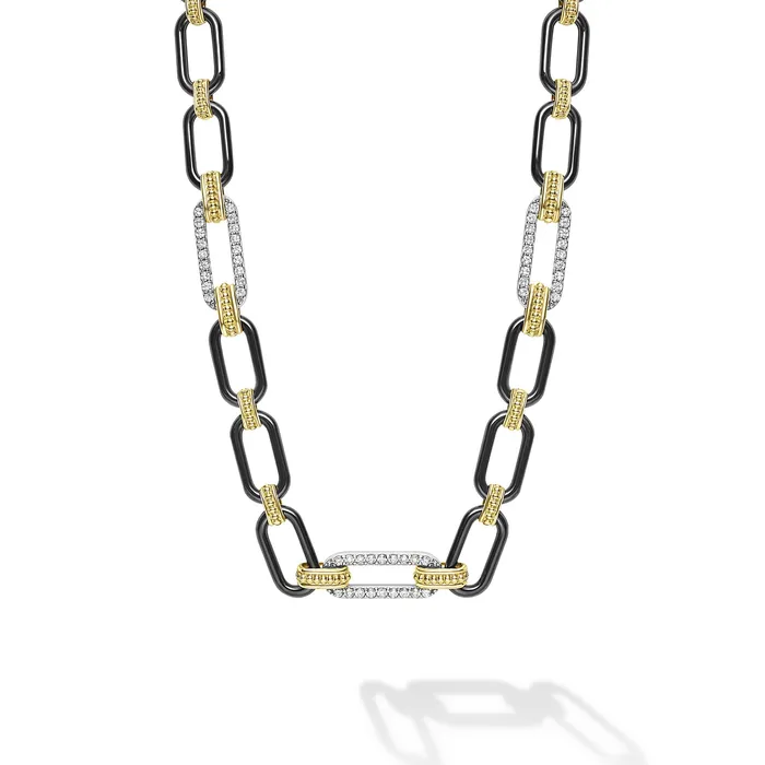 Signature Caviar 18K Gold and Black Ceramic Three Diamond Station Link Necklace 6mm LAGOS Necklaces Signature Caviar 18K Gold and Black Ceramic Three Diamond Station Link Necklace 6mm LAGOS Necklaces
