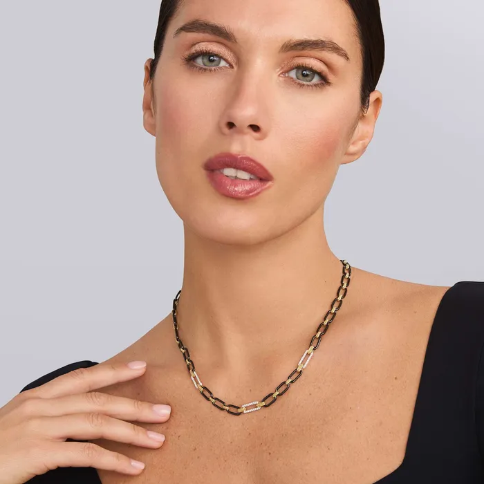 Signature Caviar 18K Gold and Black Ceramic Three Diamond Station Link Necklace 6mm LAGOS Necklaces