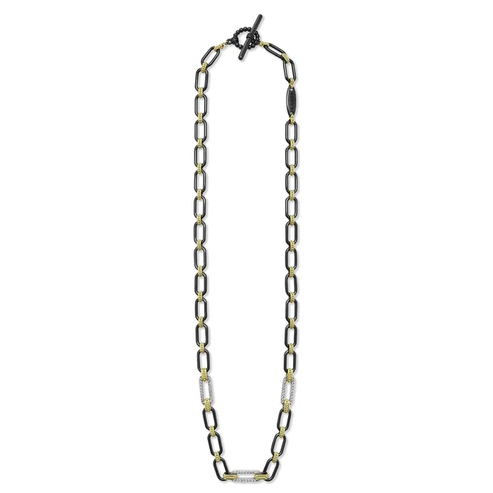 Signature Caviar 18K Gold and Black Ceramic Three Diamond Station Link Necklace 6mm LAGOS Necklaces