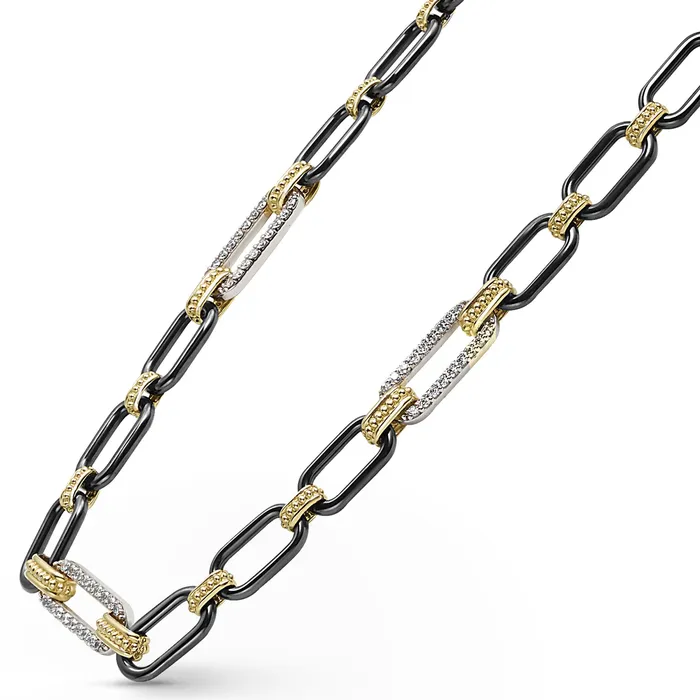 Signature Caviar 18K Gold and Black Ceramic Three Diamond Station Link Necklace 6mm LAGOS Necklaces