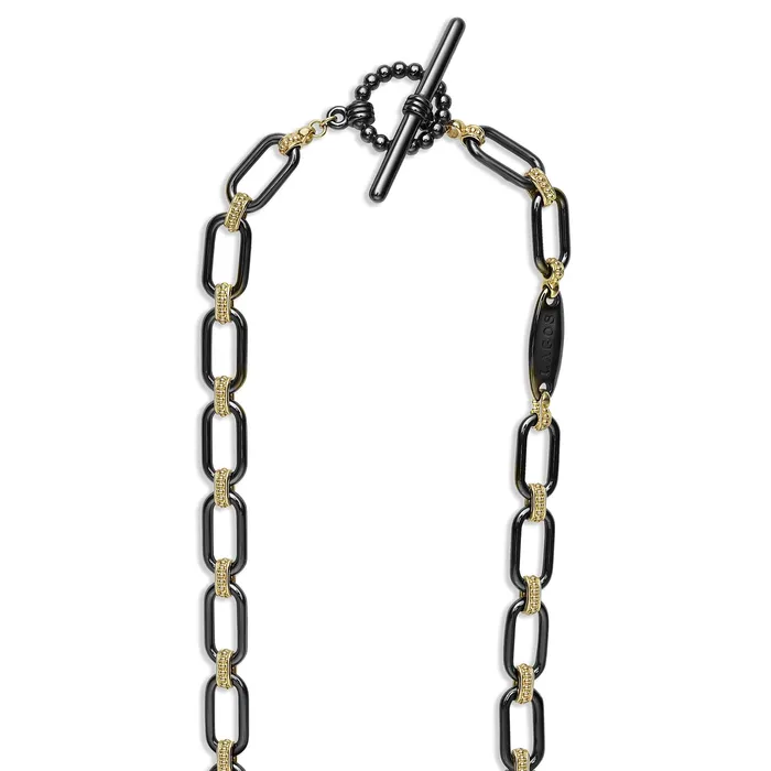 Signature Caviar 18K Gold and Black Ceramic Three Diamond Station Link Necklace 6mm LAGOS Necklaces