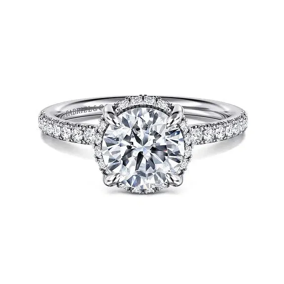 Suede 14K White Gold Round Hidden Halo Diamond Engagement Ring Setting Only GABRIEL CO Rings