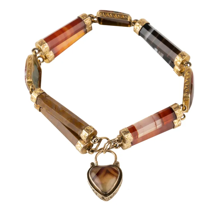 Victorian era Agate Bracelet with Heart Padlock Bell and Bird Bracelets