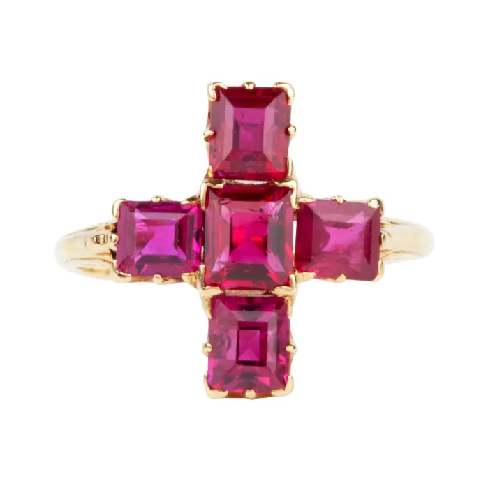 Victorian Era Cruciform Ruby Ring Bell Bird Antiques Rings