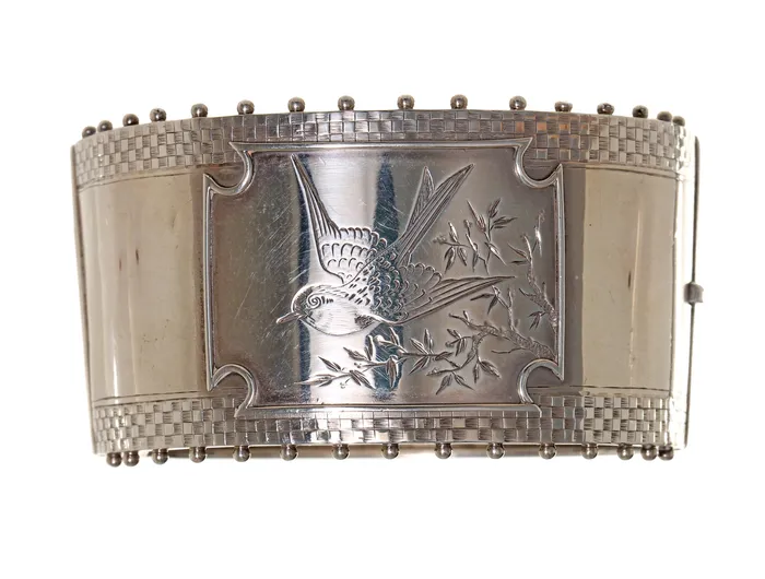 Victorian Era English Sterling Silver Fluted Swallow Bangle Bell Bird Antiques Bracelets