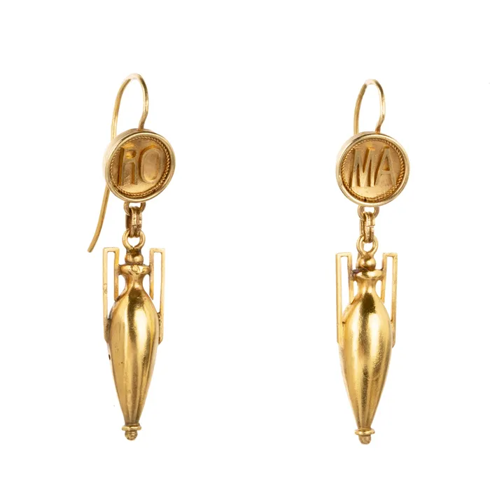 Victorian Era Gold Amphora ROMA Earrings Bell Bird Antiques Earrings