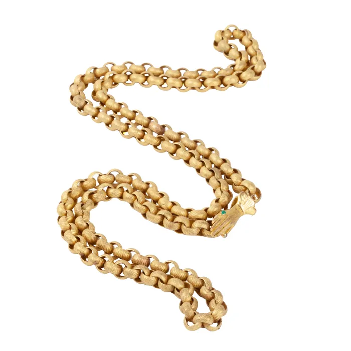 Victorian Era Pinchbeck Chain with Hand Clasp Bell Bird Antiques Necklaces