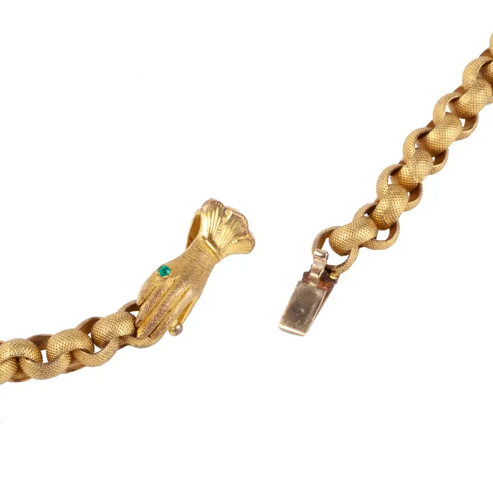 Victorian Era Pinchbeck Chain with Hand Clasp Bell Bird Antiques Necklaces
