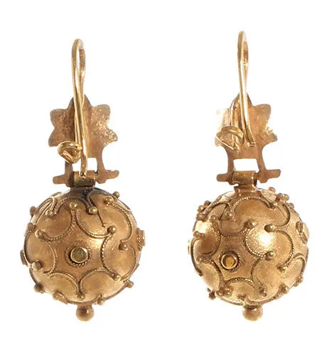 Victorian Gold Etruscan Revival Ball Earrings Bell Bird Antiques Earrings