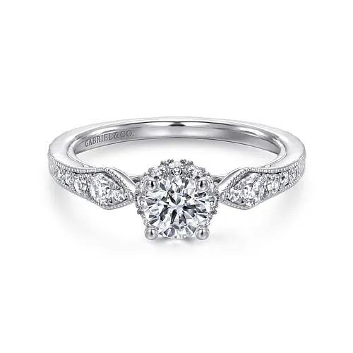 Vintage Inspired 14K White Gold Round Halo Complete Diamond Engagement Ring GABRIEL CO Rings Vintage Inspired 14K White Gold Round Halo Complete Diamond Engagement Ring GABRIEL CO Rings