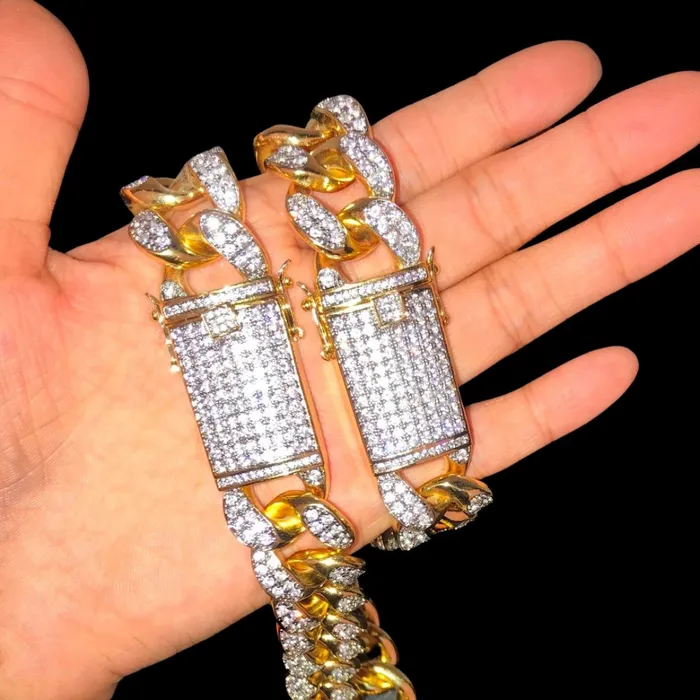 VVS Bracelets 15MM VVS Chunky Miami Cuban Iced Out Diamond Necklace Bracelet Set